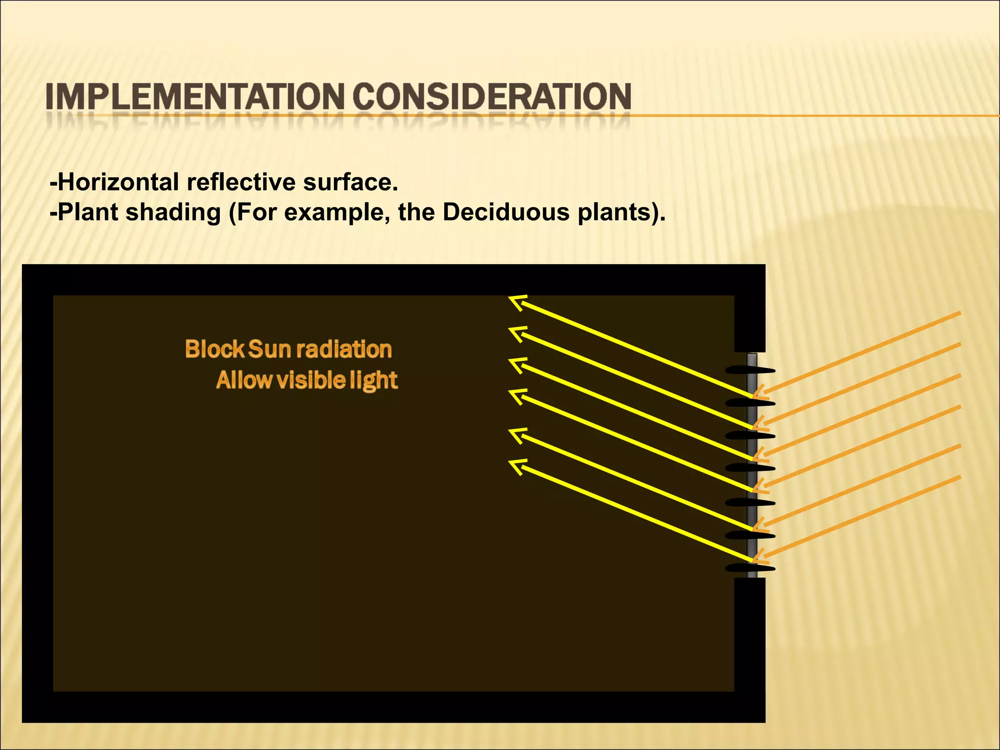 -Horizontal reflective surface.  -Plant shading (For example, the Deciduous plants).   