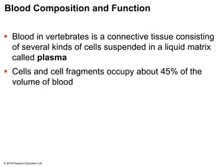 Blood Composition and Function
 Blood in vertebrates is a connective tissue consisting
of several kinds of cells suspended in a liquid matrix
called plasma
 Cells and cell fragments occupy about 45% of the
volume of blood
© 2018 Pearson Education Ltd.
 