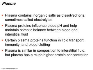 Plasma
 Plasma contains inorganic salts as dissolved ions,
sometimes called electrolytes
 Plasma proteins influence blood pH and help
maintain osmotic balance between blood and
interstitial fluid
 Certain plasma proteins function in lipid transport,
immunity, and blood clotting
 Plasma is similar in composition to interstitial fluid,
but plasma has a much higher protein concentration
© 2018 Pearson Education Ltd.
 