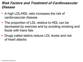 Risk Factors and Treatment of Cardiovascular
Disease
 A high LDL/HDL ratio increases the risk of
cardiovascular disease
 The proportion of LDL relative to HDL can be
decreased by exercise and by avoiding smoking and
foods with trans fats
 Drugs called statins reduce LDL levels and risk
of heart attacks
© 2018 Pearson Education Ltd.
 