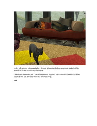 After a few more minutes of play, though, Mister tired of the sport and stalked off in
search of either food dish or litter box.

“Everyone abandons me,” Karat complained angstily. She laid down on the couch and
soon drifted off into a restless and troubled sleep.

***
 