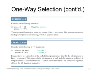 One-Way Selection (cont'd.)




C++ Programming: From Problem Analysis to Program Design, Fifth Edition   22
 
