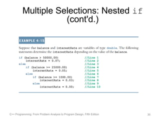 Multiple Selections: Nested if
                     (cont'd.)




C++ Programming: From Problem Analysis to Program Design, Fifth Edition   30
 