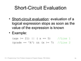 Short-Circuit Evaluation

      • Short-circuit evaluation: evaluation of a
        logical expression stops as soon as the
        value of the expression is known
      • Example:
           (age >= 21) || ( x == 5)                                       //Line 1
           (grade == 'A') && (x >= 7)                                     //Line 2




C++ Programming: From Problem Analysis to Program Design, Fifth Edition              34
 