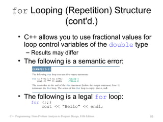 for Looping (Repetition) Structure
             (cont'd.)
      • C++ allows you to use fractional values for
        loop control variables of the double type
             – Results may differ
      • The following is a semantic error:




      • The following is a legal for loop:
                  for (;;)
                      cout << "Hello" << endl;

C++ Programming: From Problem Analysis to Program Design, Fifth Edition   55
 