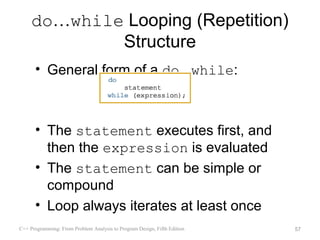 do…while Looping (Repetition)
             Structure
      • General form of a do...while:



      • The statement executes first, and
        then the expression is evaluated
      • The statement can be simple or
        compound
      • Loop always iterates at least once
C++ Programming: From Problem Analysis to Program Design, Fifth Edition   57
 