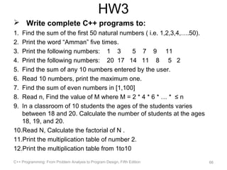 HW3
 Write complete C++ programs to:
1. Find the sum of the first 50 natural numbers ( i.e. 1,2,3,4,….50).
2. Print the word “Amman” five times.
3. Print the following numbers: 1 3          5 7 9 11
4. Print the following numbers: 20 17 14 11 8 5 2
5. Find the sum of any 10 numbers entered by the user.
6. Read 10 numbers, print the maximum one.
7. Find the sum of even numbers in [1,100]
8. Read n, Find the value of M where M = 2 * 4 * 6 * … * ≤ n
9. In a classroom of 10 students the ages of the students varies
   between 18 and 20. Calculate the number of students at the ages
   18, 19, and 20.
10.Read N, Calculate the factorial of N .
11.Print the multiplication table of number 2.
12.Print the multiplication table from 1to10

C++ Programming: From Problem Analysis to Program Design, Fifth Edition   66
 