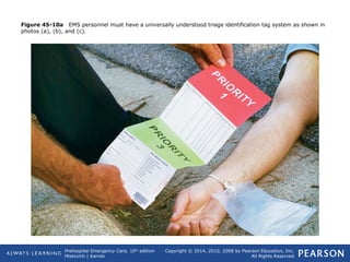 Prehospital Emergency Care, 10th
edition
Mistovich | Karren
Copyright © 2014, 2010, 2008 by Pearson Education, Inc.
All Rights Reserved
Figure 45-10a EMS personnel must have a universally understood triage identification tag system as shown in
photos (a), (b), and (c).
 