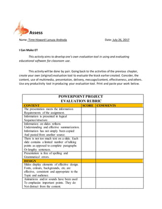 Assess
Name: Timn Howard Lanuza Andrada Date: July 26, 2017
I Can Make ET
This activity aims to develop one’s own evaluation tool in using and evaluating
educational software for classroom use.
This activity will be done by pair. Going back to the activities of the previous chapter,
create your own (original) evaluation tool to evaluate the kiosk earlier created. Consider, the
content, use of multimedia, presentation, delivery, message/content, effectiveness, and others.
Use any productivity tool in producing your evaluation tool. Print and paste your work below.
POWERPOINT PROJECT
EVALUATION RUBRIC
CONTENT SCORE COMMENTS
The presentation meets the information
Requirements of the assignment.
Information is presented in logical
Sequence/structure.
Information on slides reflects
Understanding and effective summarization.
Information has not simply been copied
And pasted from another source.
There is not too much text on a slide. Each
slide contains a limited number of talking
points as opposed to complete paragraphs
Or lengthy sentences.
Presentation is free of spelling and
Grammatical errors.
DESIGN
Slides display elements of effective design.
Fonts, colours, backgrounds, etc. are
effective, consistent and appropriate to the
Topic and audience.
Animations and/or sounds have been used
To emphasize important points. They do
Not distract from the content.
 