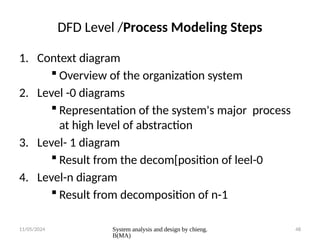 11/05/2024 System analysis and design by chieng.
B(MA)
48
DFD Level /Process Modeling Steps
1. Context diagram
 Overview of the organization system
2. Level -0 diagrams
 Representation of the system's major process
at high level of abstraction
3. Level- 1 diagram
 Result from the decom[position of leel-0
4. Level-n diagram
 Result from decomposition of n-1
 