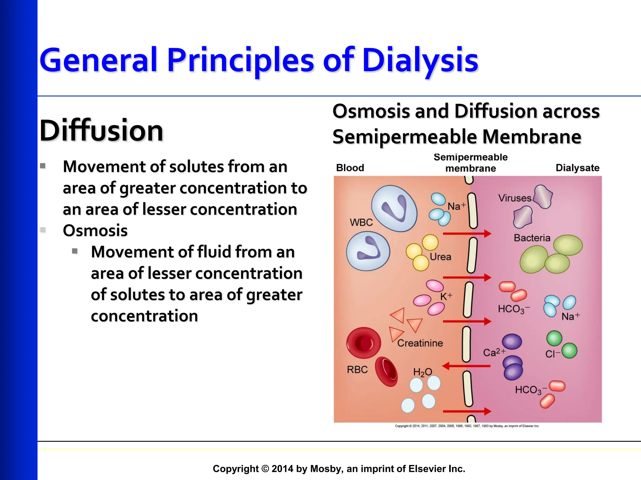 Copyright © 2014 by Mosby, an imprint of Elsevier Inc.
General Principles of Dialysis
Diffusion
 Movement of solutes from an
area of greater concentration to
an area of lesser concentration
 Osmosis
 Movement of fluid from an
area of lesser concentration
of solutes to area of greater
concentration
Osmosis and Diffusion across
Semipermeable Membrane
 