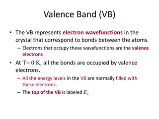 Valence Band (VB)
• The VB represents electron wavefunctions in the
crystal that correspond to bonds between the atoms.
– Electrons that occupy these wavefunctions are the valence
electrons
• At T= 0 K, all the bonds are occupied by valence
electrons.
– All the energy levels in the VB are normally filled with
these electrons.
– The top of the VB is labeled Ev
 