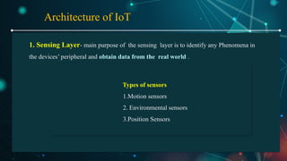 1. Sensing Layer- main purpose of the sensing layer is to identify any Phenomena in
the devices’ peripheral and obtain data from the real world .
Architecture of IoT
Types of sensors
1.Motion sensors
2. Environmental sensors
3.Position Sensors
 