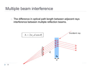 Multiple beam interference
18
The difference in optical path length between adjacent rays
interference between multiple reflection beams.
 