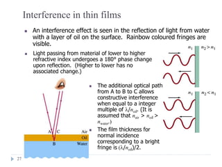 27
Interference in thin films
 An interference effect is seen in the reflection of light from water
with a layer of oil on the surface. Rainbow coloured fringes are
visible.
 Light passing from material of lower to higher
refractive index undergoes a 180° phase change
upon reflection. (Higher to lower has no
associated change.)
 The additional optical path
from A to B to C allows
constructive interference
when equal to a integer
multiple of /noil. (It is
assumed that nair > noil >
nwater.)
 The film thickness for
normal incidence
corresponding to a bright
fringe is (/noil)/2.
 
