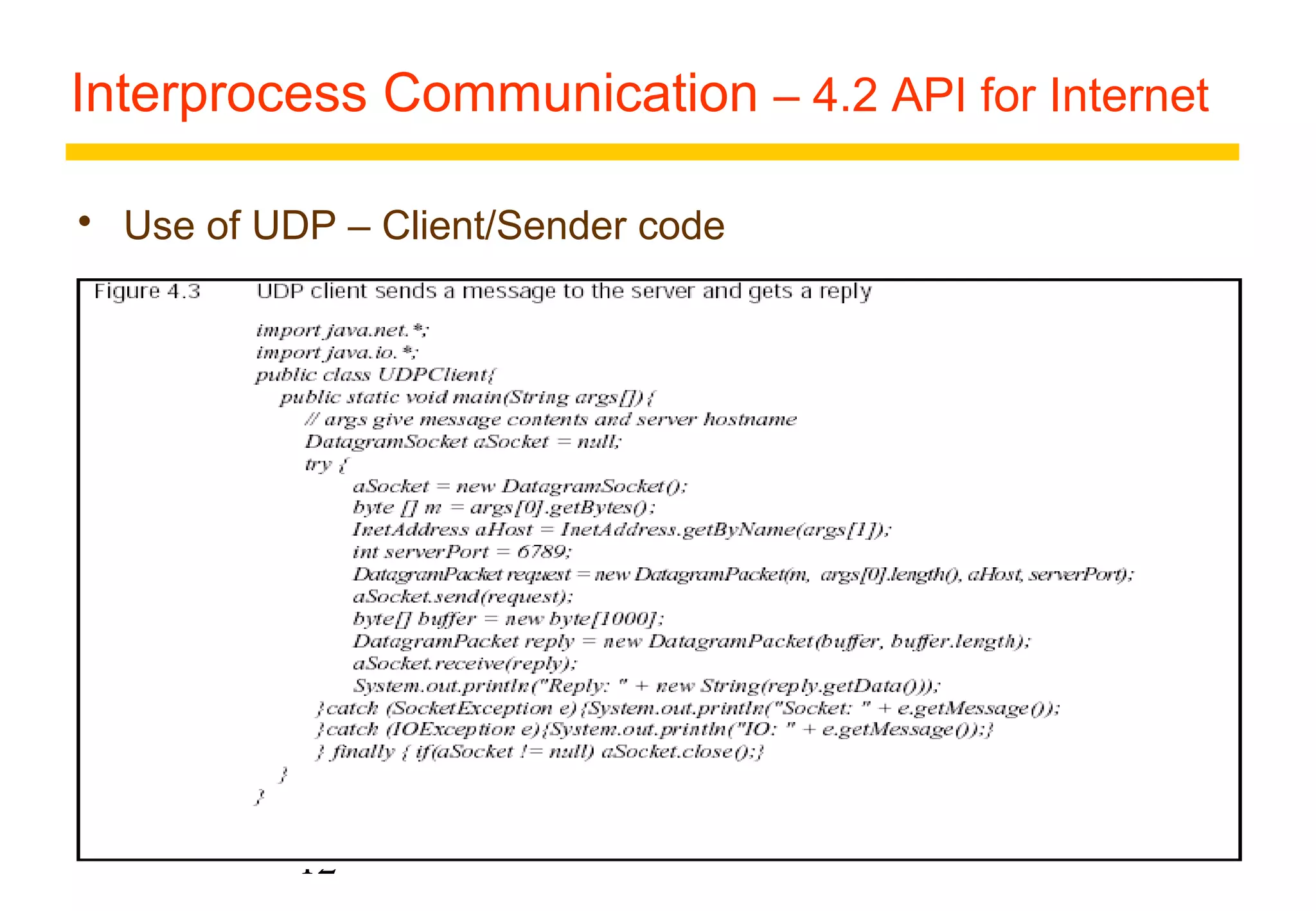 Interprocess Communication – 4.2 API for Internet 
 Use of UDP – Client/Sender code 
12 
 