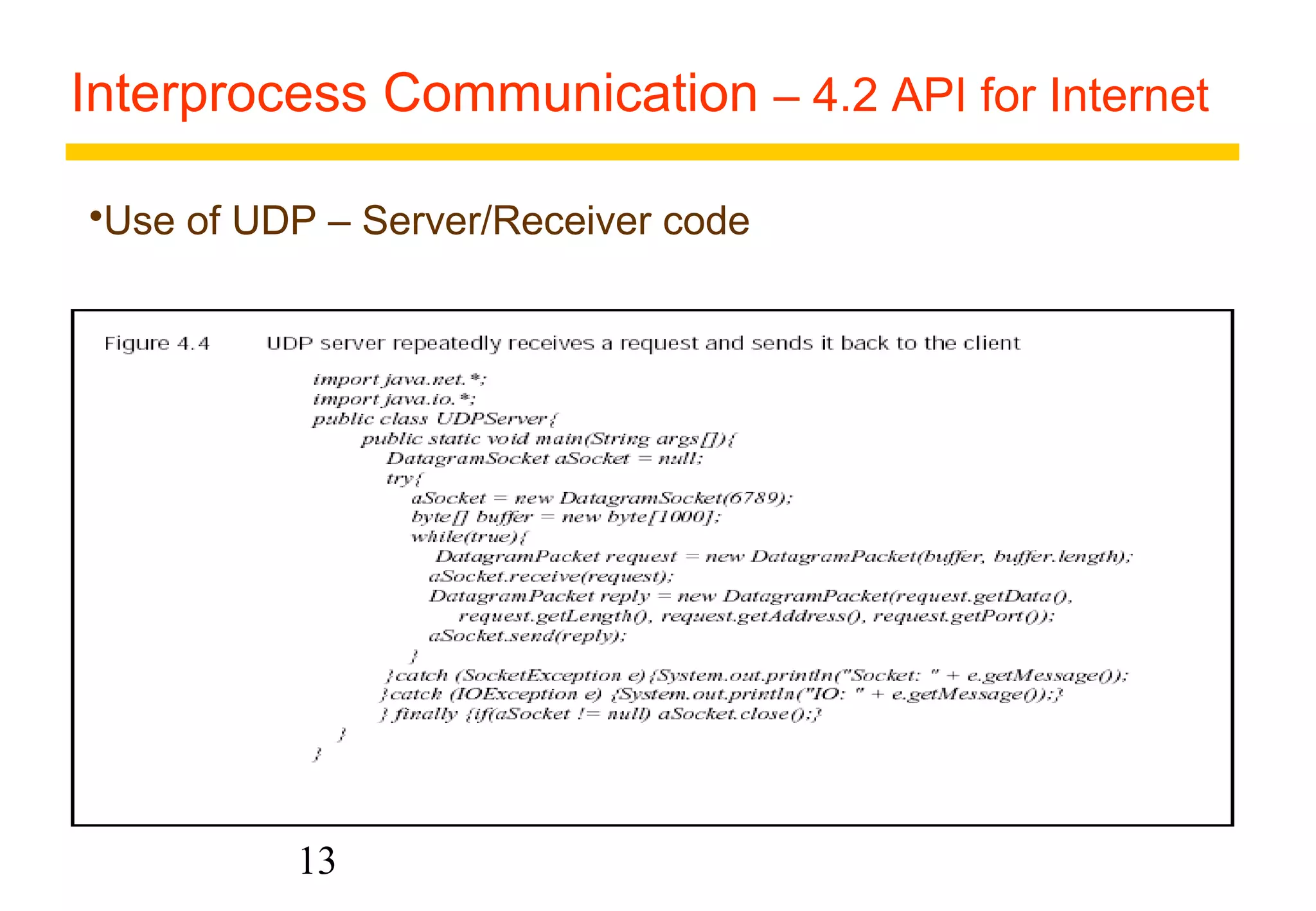 Interprocess Communication – 4.2 API for Internet 
Use of UDP – Server/Receiver code 
13 
 