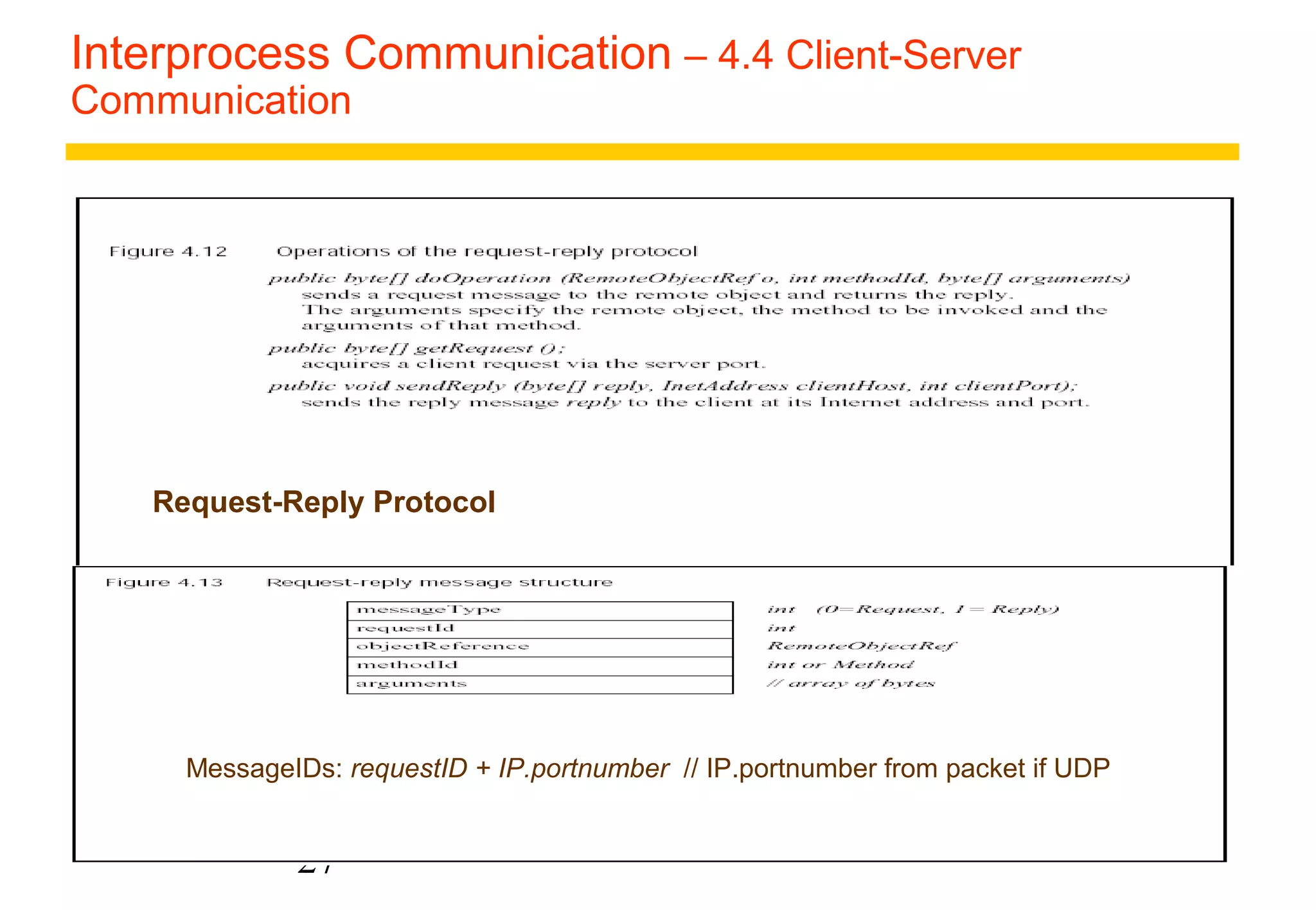Interprocess Communication – 4.4 Client-Server 
Communication 
Request-Reply Protocol 
MessageIDs: requestID + IP.portnumber // IP.portnumber from packet if UDP 
27 
 