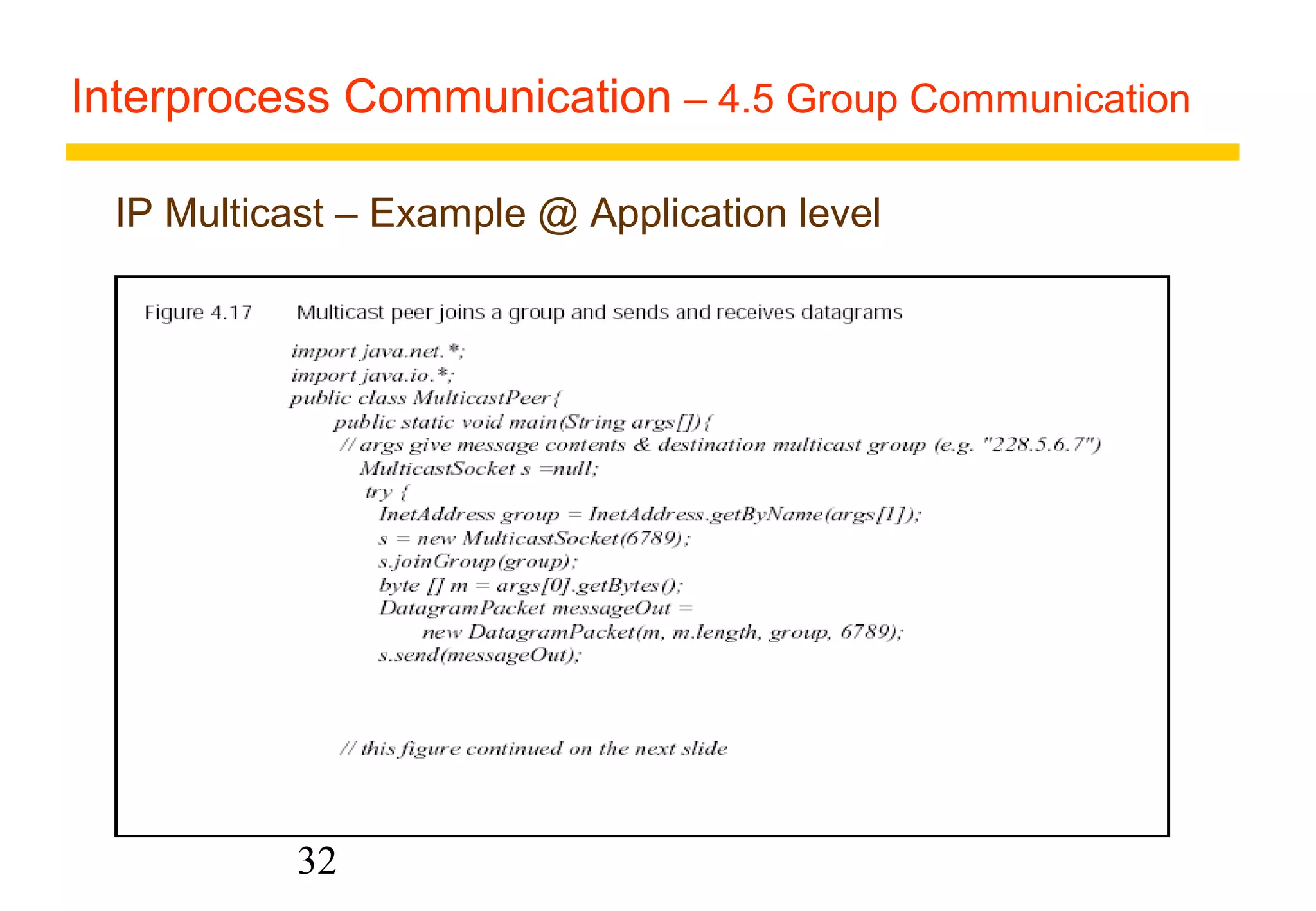 Interprocess Communication – 4.5 Group Communication 
IP Multicast – Example @ Application level 
32 
 