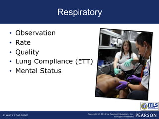 Copyright © 2016 by Pearson Education, Inc.
All Rights Reserved
Respiratory
• Observation
• Rate
• Quality
• Lung Compliance (ETT)
• Mental Status
 