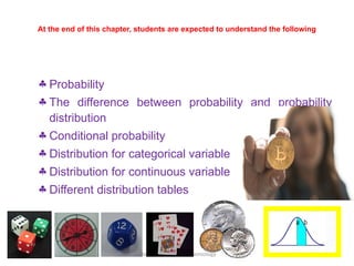 04/04/2025 Yibekal.M(MPH) in Epidemiology 3
At the end of this chapter, students are expected to understand the following
§ Probability
§ The difference between probability and probability
distribution
§ Conditional probability
§ Distribution for categorical variable
§ Distribution for continuous variable
§ Different distribution tables
a b
 