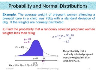 04/04/2025 Yibekal.M(MPH) in Epidemiology 66
Example: The average weight of pregnant women attending a
prenatal care in a clinic was 78kg with a standard deviation of
8kg. If the weights are normally distributed:
a) Find the probability that a randomly selected pregnant woman
weights less than 90kg.
Probability and Normal Distributions
P(x < 90) = P(z < 1.5) = 0.9332
-

90-78
=
8
x μ
z
σ
= 1.5
The probability that a
randomly selected pregnant
woman weights less than
90kg. is 0.9332.
μ =0
z
?
1.5
90
μ =78
P(x < 90)
μ = 78
σ = 8
x
 