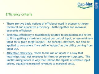 Efficiency criteria There are two basic notions of efficiency used in economic theory: technical and allocative efficiency.  Both together are known as economic efficiency.  Technical efficiency  is traditionally related to production and refers to firms getting a maximum output per unit of input, or use minimum input for a given target output. The concept, however, can also be applied to consumers if we define  “ output ”  as the utility coming from input use.  Allocative efficiency , refers to the use of inputs in a way that maximizes total net revenues for firms or consumer surpluses.  This implies using inputs in way that follows the signals of relative input prices, equalizing marginal revenues to marginal costs. 