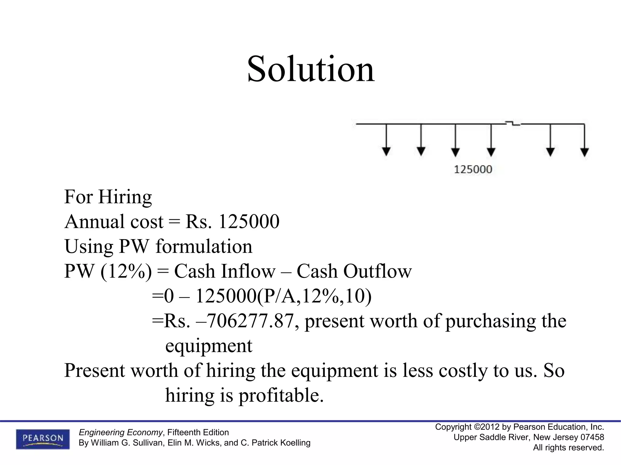 Copyright ©2012 by Pearson Education, Inc.
Upper Saddle River, New Jersey 07458
All rights reserved.
Engineering Economy, Fifteenth Edition
By William G. Sullivan, Elin M. Wicks, and C. Patrick Koelling
Solution
For Hiring
Annual cost = Rs. 125000
Using PW formulation
PW (12%) = Cash Inflow – Cash Outflow
=0 – 125000(P/A,12%,10)
=Rs. –706277.87, present worth of purchasing the
equipment
Present worth of hiring the equipment is less costly to us. So
hiring is profitable.
 
