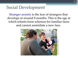 Social Development Stranger anxiety  is the fear of strangers that  develops at around 8 months. This is the age at which infants form schemas for familiar faces and cannot assimilate a new face.  © Christina Kennedy/ PhotoEdit 