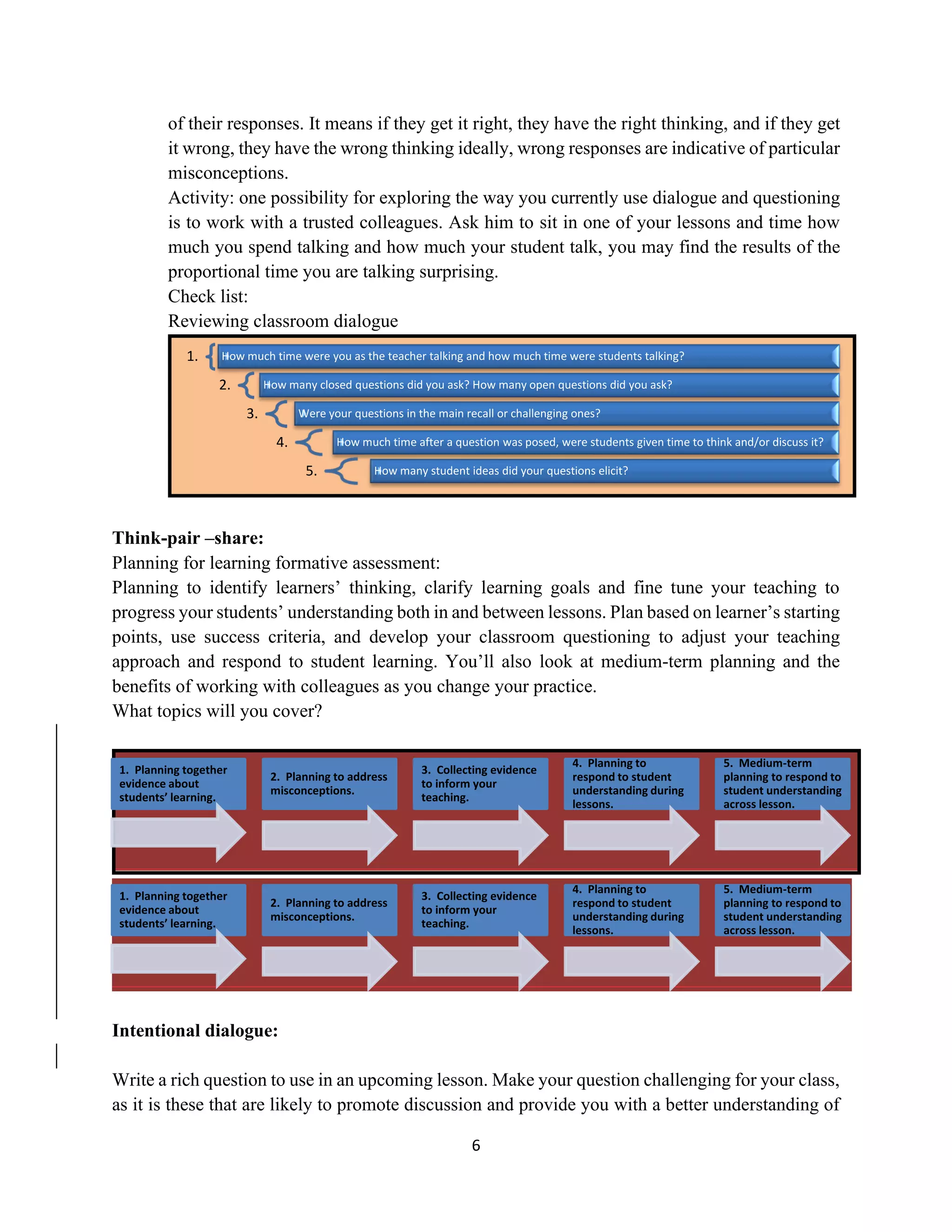 6
of their responses. It means if they get it right, they have the right thinking, and if they get
it wrong, they have the wrong thinking ideally, wrong responses are indicative of particular
misconceptions.
Activity: one possibility for exploring the way you currently use dialogue and questioning
is to work with a trusted colleagues. Ask him to sit in one of your lessons and time how
much you spend talking and how much your student talk, you may find the results of the
proportional time you are talking surprising.
Check list:
Reviewing classroom dialogue
Think-pair –share:
Planning for learning formative assessment:
Planning to identify learners’ thinking, clarify learning goals and fine tune your teaching to
progress your students’ understanding both in and between lessons. Plan based on learner’s starting
points, use success criteria, and develop your classroom questioning to adjust your teaching
approach and respond to student learning. You’ll also look at medium-term planning and the
benefits of working with colleagues as you change your practice.
What topics will you cover?
Intentional dialogue:
Write a rich question to use in an upcoming lesson. Make your question challenging for your class,
as it is these that are likely to promote discussion and provide you with a better understanding of
1. How much time were you as the teacher talking and how much time were students talking?
2. How many closed questions did you ask? How many open questions did you ask?
3. Were your questions in the main recall or challenging ones?
4. How much time after a question was posed, were students given time to think and/or discuss it?
5. How many student ideas did your questions elicit?
1. Planning together
evidence about
students’ learning.
2. Planning to address
misconceptions.
3. Collecting evidence
to inform your
teaching.
4. Planning to
respond to student
understanding during
lessons.
5. Medium-term
planning to respond to
student understanding
across lesson.
1. Planning together
evidence about
students’ learning.
2. Planning to address
misconceptions.
3. Collecting evidence
to inform your
teaching.
4. Planning to
respond to student
understanding during
lessons.
5. Medium-term
planning to respond to
student understanding
across lesson.
 