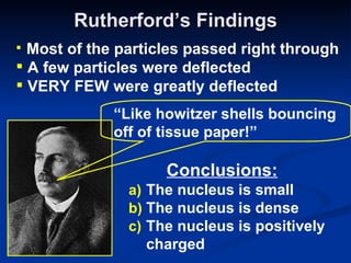 Rutherford’s Findings The nucleus is small The nucleus is dense The nucleus is positively charged Most of the particles passed right through A few particles were deflected VERY FEW were greatly deflected “ Like howitzer shells bouncing off of tissue paper!” Conclusions: 