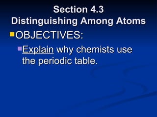 Section 4.3 Distinguishing Among Atoms OBJECTIVES: Explain  why chemists use the periodic table. 
