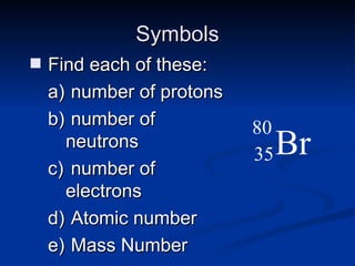 Symbols Find each of these:  number of protons number of neutrons number of electrons Atomic number Mass Number Br 80 35 