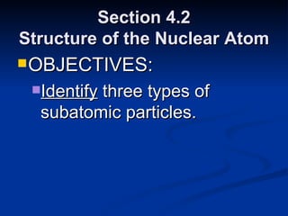 Section 4.2 Structure of the Nuclear Atom OBJECTIVES: Identify  three types of subatomic particles. 