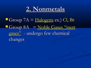 2. Nonmetals
 Group 7A = Halogens ex.) Cl, Br

 Group 8A   = Noble Gases “inert
 gases” - undergo few chemical
 changes
 