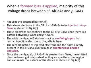 When a forward bias is applied, majority of this
voltage drops between n+-AlGaAs and p-GaAs
• Reduces the potential barrier eVo
• This allows electrons in the CB of n+-AlGaAs to be injected into p-
GaAs as shown in Fig.6(c)
• These electrons are confined to the CB of p-GaAs since there is a
barrier between p-GaAs and p-AlGaAs.
• The wide bandgap AlGaAs layers act as confining layers that
restrict injection electron to the p-GaAs layer
• The recombination of injected electrons and the holes already
present in this p-GaAs layer results in spontaneous photon
emission.
• Since the bandgap Eg of AlGaAs is greater than GaAs, the emitted
photon do not get reabsorbed as they escape the active region
and can reach the surface of the device as shown in Fig.6(d)
 