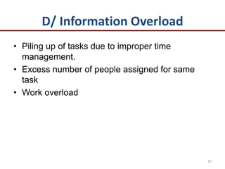 D/ Information Overload
• Piling up of tasks due to improper time
management.
• Excess number of people assigned for same
task
• Work overload
10
 