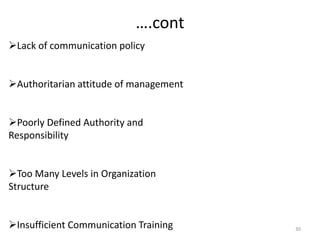 ….cont
Lack of communication policy
Authoritarian attitude of management
Poorly Defined Authority and
Responsibility
Too Many Levels in Organization
Structure
Insufficient Communication Training 30
 