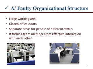  A/ Faulty Organizational Structure
• Large working area
• Closed office doors
• Separate areas for people of different status
• It forbids team member from effective interaction
with each other.
7
 