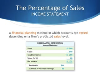 The Percentage of Sales
INCOME STATEMENT
A financial planning method in which accounts are varied
depending on a firm’s predicted sales level.
 