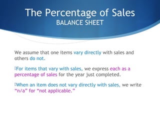 The Percentage of Sales
BALANCE SHEET
We assume that one items vary directly with sales and
others do not.
For items that vary with sales, we express each as a
percentage of sales for the year just completed.
When an item does not vary directly with sales, we write
“n/a” for “not applicable.”
 