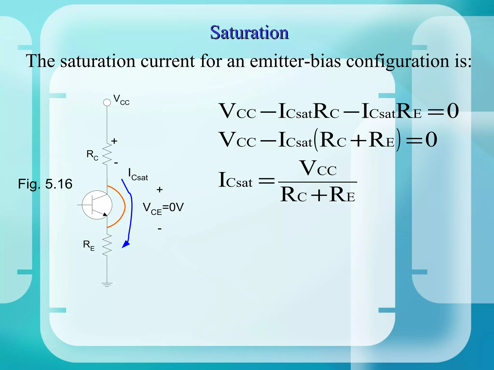 Saturation
 The saturation current for an emitter-bias configuration is:
                 VCC
                                 VCC − ICsatRC − ICsatRE = 0
            RC
                 +               VCC − ICsat ( RC + RE ) = 0
                 -
                                          VCC
Fig. 5.16
                     ICsat
                                 ICsat =
                             +
                        VCE=0V
                                         RC + RE
                             -
            RE
 
