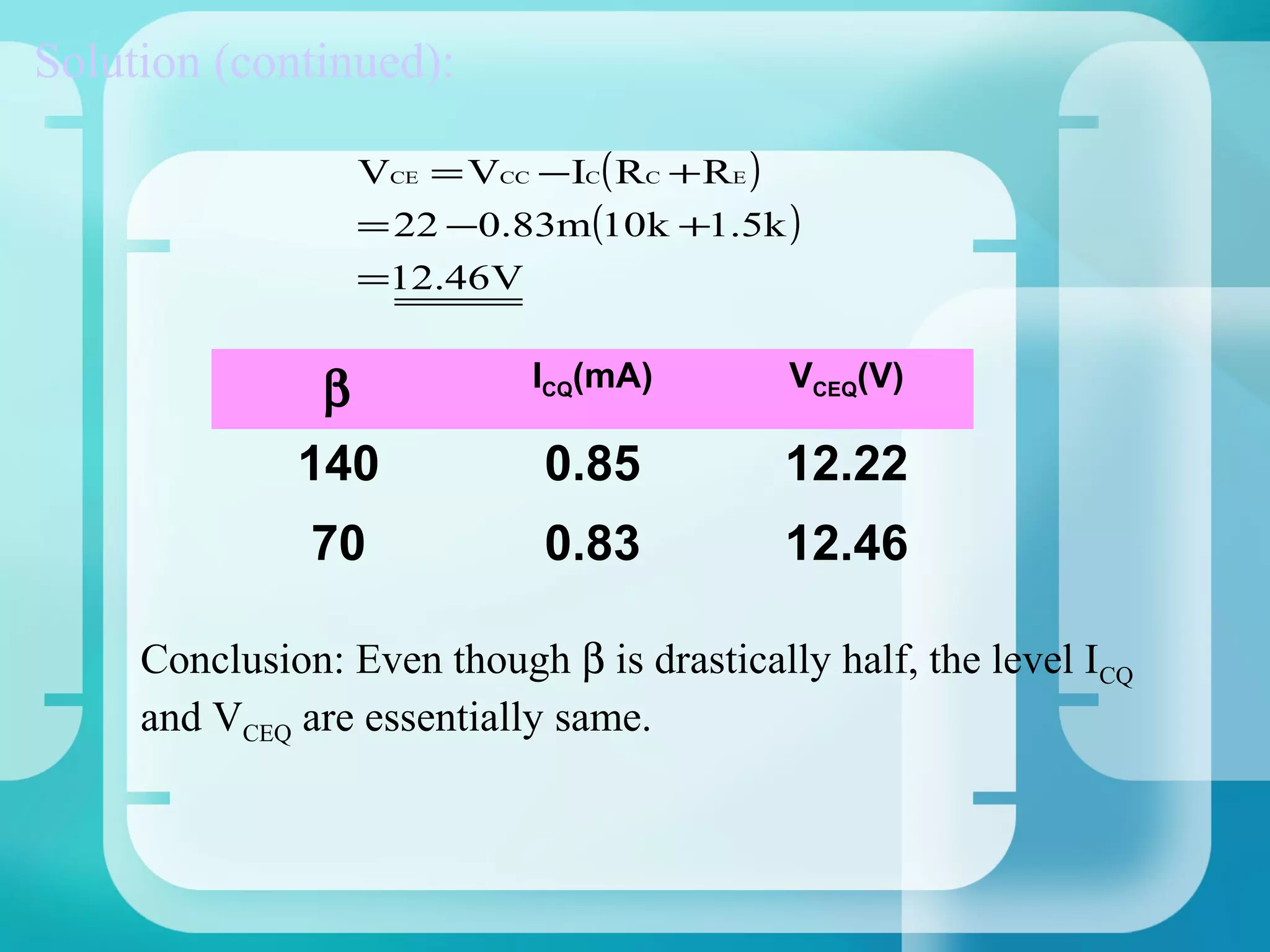 Solution (continued):

                    VCE = VCC − IC( RC + RE )
                    = 22 −0.83m(10k +1.5k )
                    =12.46V

                             ICQ(mA)        VCEQ(V)
                β
              140             0.85          12.22
               70             0.83          12.46

     Conclusion: Even though β is drastically half, the level ICQ
     and VCEQ are essentially same.
 