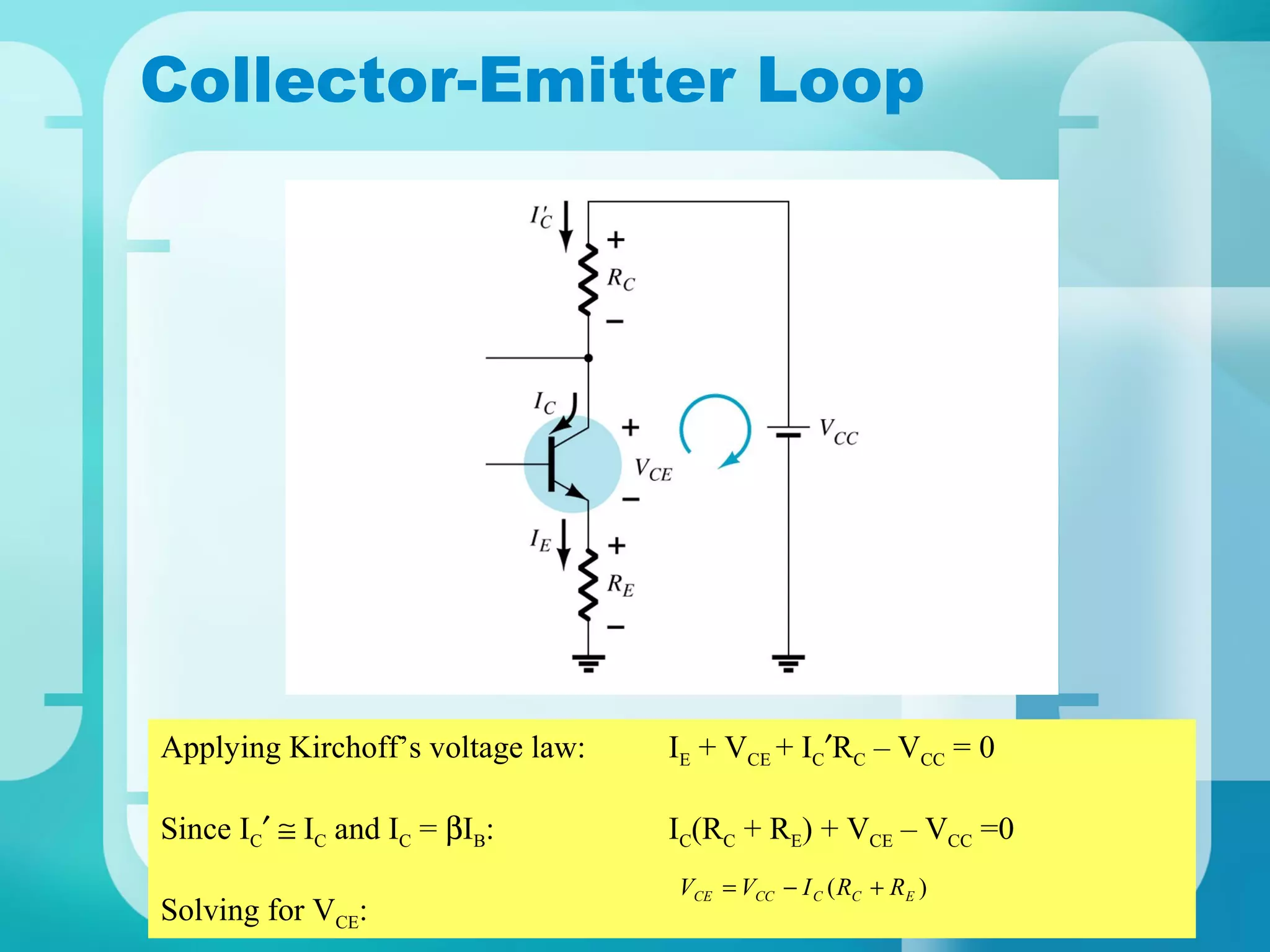 Collector-Emitter Loop




Applying Kirchoff’s voltage law:   IE + VCE + IC′RC – VCC = 0

Since IC′ ≅ IC and IC = βIB:       IC(RC + RE) + VCE – VCC =0
                                   VCE = VCC − I C ( RC + RE )
Solving for VCE:
 