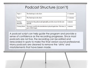 Podcast Structure (con’t)




A podcast script can help guide the program and provide a
sense of confidence as the recording progresses. Since most
podcasts are not live, the recording can be edited and
rerecorded in spots to make the final version sound professional.
Many podcasts are cleaned to remove the ‘ahhs’ and
misstatements that have been made.
 