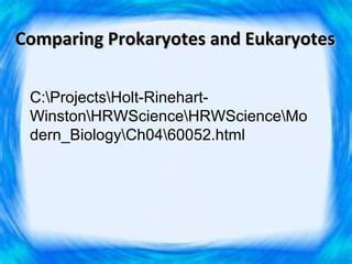 Comparing Prokaryotes and Eukaryotes

 C:ProjectsHolt-Rinehart-
 WinstonHRWScienceHRWScienceMo
 dern_BiologyCh0460052.html
 