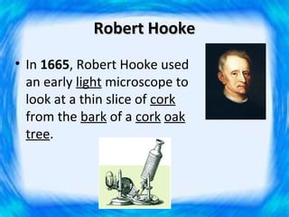 Robert Hooke
• In 1665, Robert Hooke used
  an early light microscope to
  look at a thin slice of cork
  from the bark of a cork oak
  tree.
 