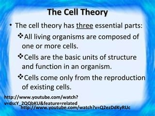 The Cell Theory
  • The cell theory has three essential parts:
     All living organisms are composed of
      one or more cells.
     Cells are the basic units of structure
      and function in an organism.
     Cells come only from the reproduction
      of existing cells.
http://www.youtube.com/watch?
v=dscY_2QQbKU&feature=related
       http://www.youtube.com/watch?v=Q2ezDdKyRUc
 