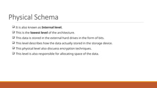 Physical Schema
 It is also known as Internal level.
 This is the lowest level of the architecture.
 This data is stored in the external hard drives in the form of bits.
 This level describes how the data actually stored in the storage device.
 This physical level also discuess encryption techniques.
 This level is also responsible for allocating space of the data.
 