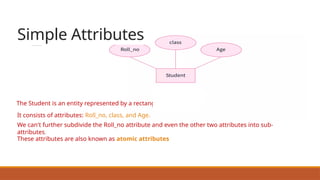 Simple Attributes
The Student is an entity represented by a rectangle
It consists of attributes: Roll_no, class, and Age.
We can't further subdivide the Roll_no attribute and even the other two attributes into sub-
attributes.
These attributes are also known as atomic attributes
 